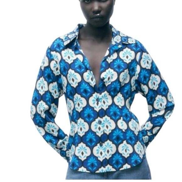 Zara Printed Button Down Top - Picture 1 of 8